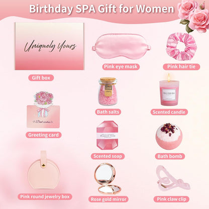 Birthday Gifts for Women, Pink Self-Care Spa Kit Gift, Relaxing Birthday & Thinking of You Care Package for Her, Mom, Wife, Girlfriend, Valentine’s Day Present for Her