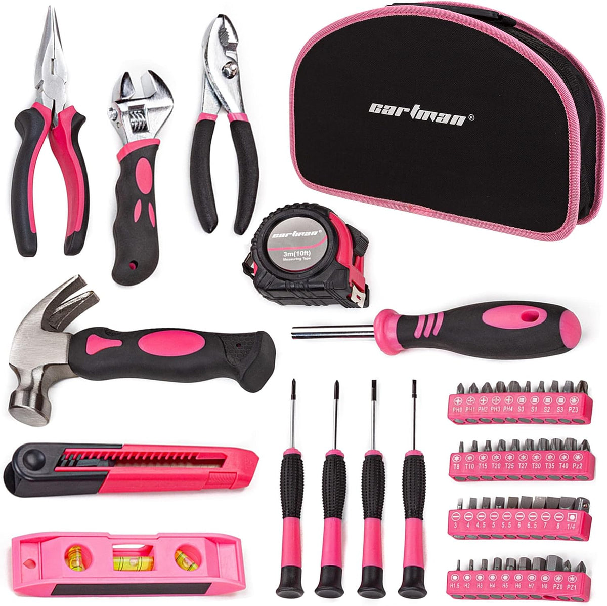 52-Piece Pink Hand Tool Set, Home Repair Kit With Round Carry Pouch