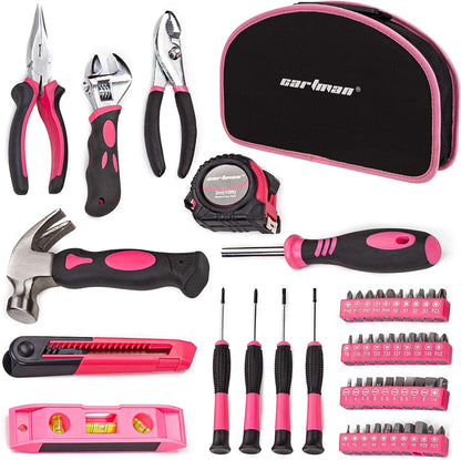 52-Piece Pink Hand Tool Set, Home Repair Kit With Round Carry Pouch