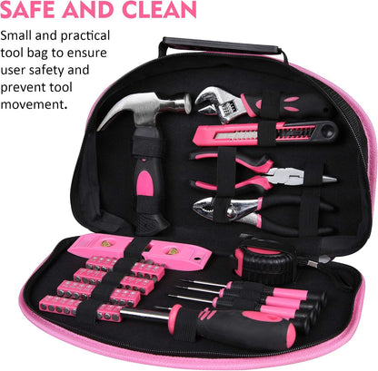52-Piece Pink Hand Tool Set, Home Repair Kit With Round Carry Pouch