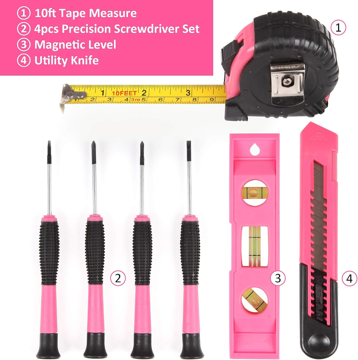 52-Piece Pink Hand Tool Set, Home Repair Kit With Round Carry Pouch