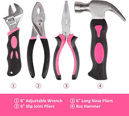 52-Piece Pink Hand Tool Set, Home Repair Kit With Round Carry Pouch