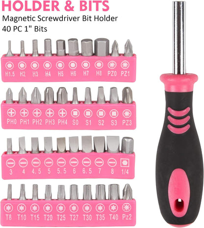 52-Piece Pink Hand Tool Set, Home Repair Kit With Round Carry Pouch