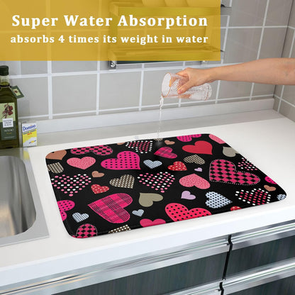 Happy Valentine's Day Black Dish Drying Mat for Kitchen Counter,Pink Love Heart Drying Mat 18 x 24 Inch with High Absorbent Microfiber Drainer Mat for Coffee Bar