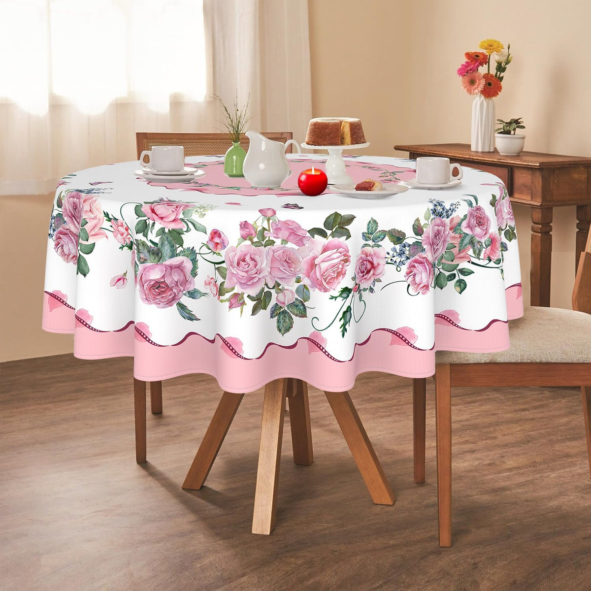 Yighty Round Tablecloth 60x60 Inch, Waterproof Wrinkle Resistant Durable Polyester Tablecloth Pink Rose Floral Tablecloth for Indoor and Outdoor, Holiday Farmhouse Kitchen Dining Room and Party