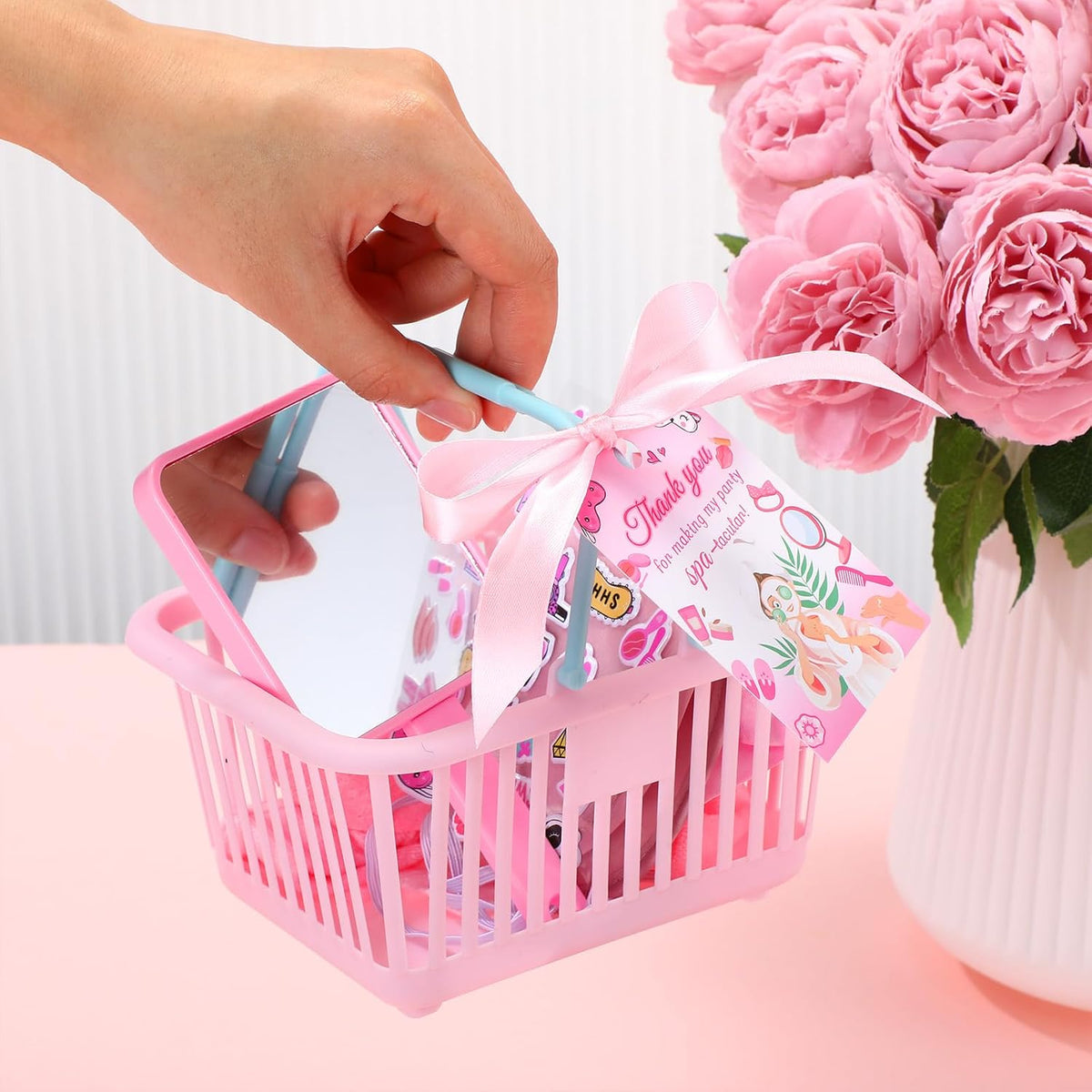 121 Pcs Spa Party Favors Women Spa Sleepover Party Supplies Include Basket Eye Mask Facial Sponge Mirror Comb Hair Circle Headband Toe Separator Stickers Card Ribbon Female Gift(Pink)