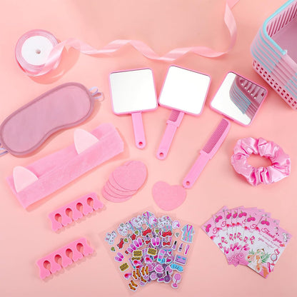 121 Pcs Spa Party Favors Women Spa Sleepover Party Supplies Include Basket Eye Mask Facial Sponge Mirror Comb Hair Circle Headband Toe Separator Stickers Card Ribbon Female Gift(Pink)
