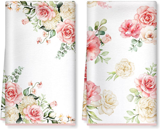 Pink Flower Microfiber Kitchen Towels, Soft Absorbent Watercolor Floral Hand Towel 15.7 × 23.6 Inch, Thick Dish Cloth for Party Anniversary Holiday Decoration, Housewarming Gifts for Mom