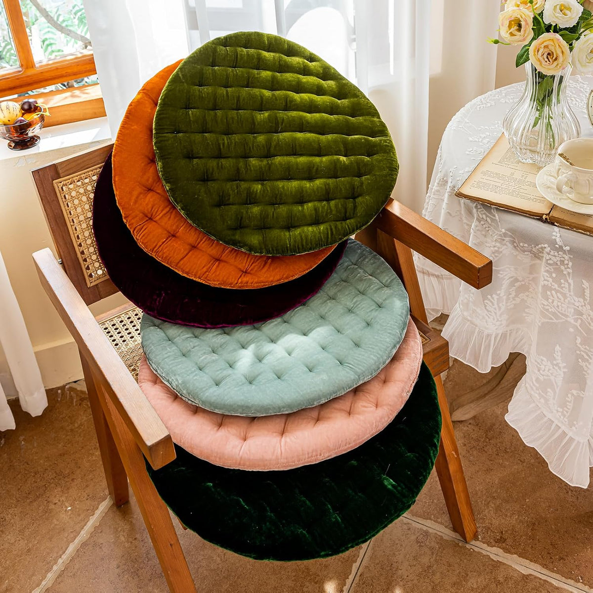 Luxury Velvet Chair Pad Seat Cushion Soft and Comfy Chair Cushion Solid Color Round Seat Pad Cushion for Kitchen Dining Office Chair (Pink,17"x17")