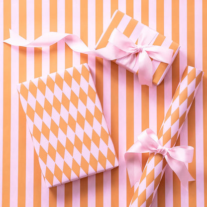 Reversible Wrapping Paper Roll, Mini Roll, Pink and Orange Stripes and Diamond Pattern Gift Wrap for Birthday, Baby Shower, Wedding, Easter, Summer Gifts, Holiday, 17 Inches x 16.4 Feet