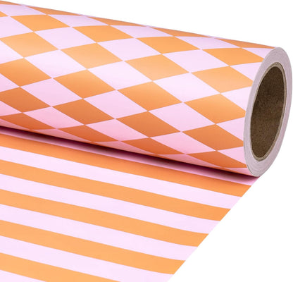Reversible Wrapping Paper Roll, Mini Roll, Pink and Orange Stripes and Diamond Pattern Gift Wrap for Birthday, Baby Shower, Wedding, Easter, Summer Gifts, Holiday, 17 Inches x 16.4 Feet