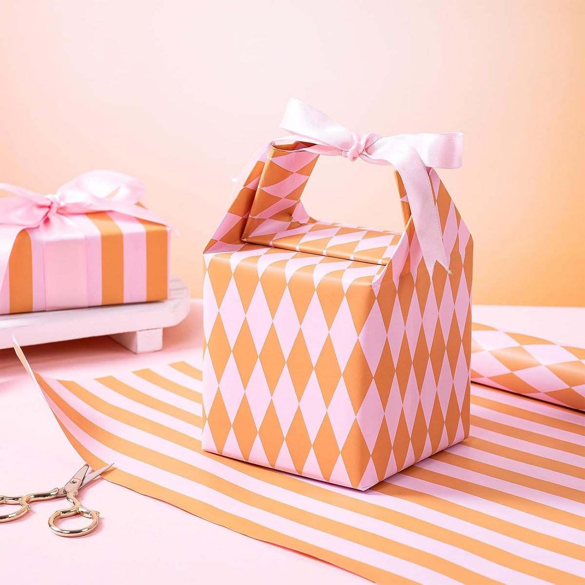 Reversible Wrapping Paper Roll, Mini Roll, Pink and Orange Stripes and Diamond Pattern Gift Wrap for Birthday, Baby Shower, Wedding, Easter, Summer Gifts, Holiday, 17 Inches x 16.4 Feet