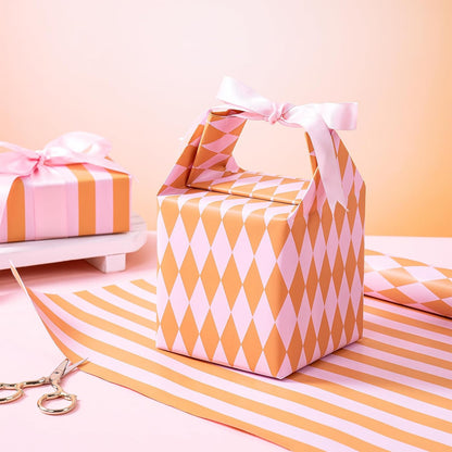 Reversible Wrapping Paper Roll, Mini Roll, Pink and Orange Stripes and Diamond Pattern Gift Wrap for Birthday, Baby Shower, Wedding, Easter, Summer Gifts, Holiday, 17 Inches x 16.4 Feet