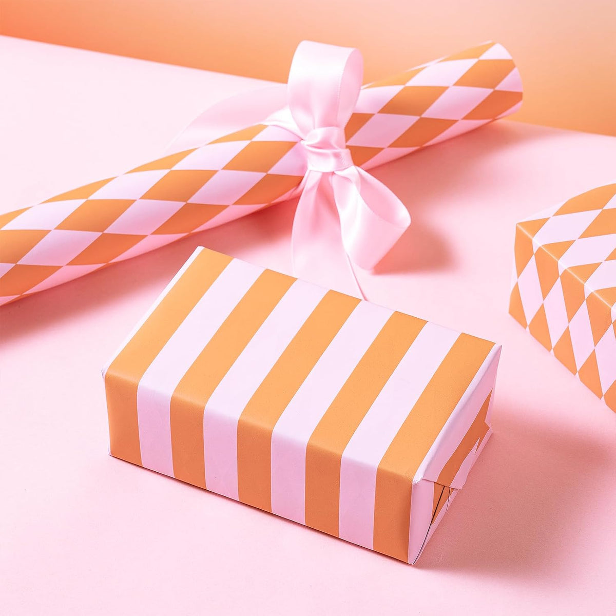 Reversible Wrapping Paper Roll, Mini Roll, Pink and Orange Stripes and Diamond Pattern Gift Wrap for Birthday, Baby Shower, Wedding, Easter, Summer Gifts, Holiday, 17 Inches x 16.4 Feet
