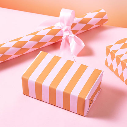 Reversible Wrapping Paper Roll, Mini Roll, Pink and Orange Stripes and Diamond Pattern Gift Wrap for Birthday, Baby Shower, Wedding, Easter, Summer Gifts, Holiday, 17 Inches x 16.4 Feet