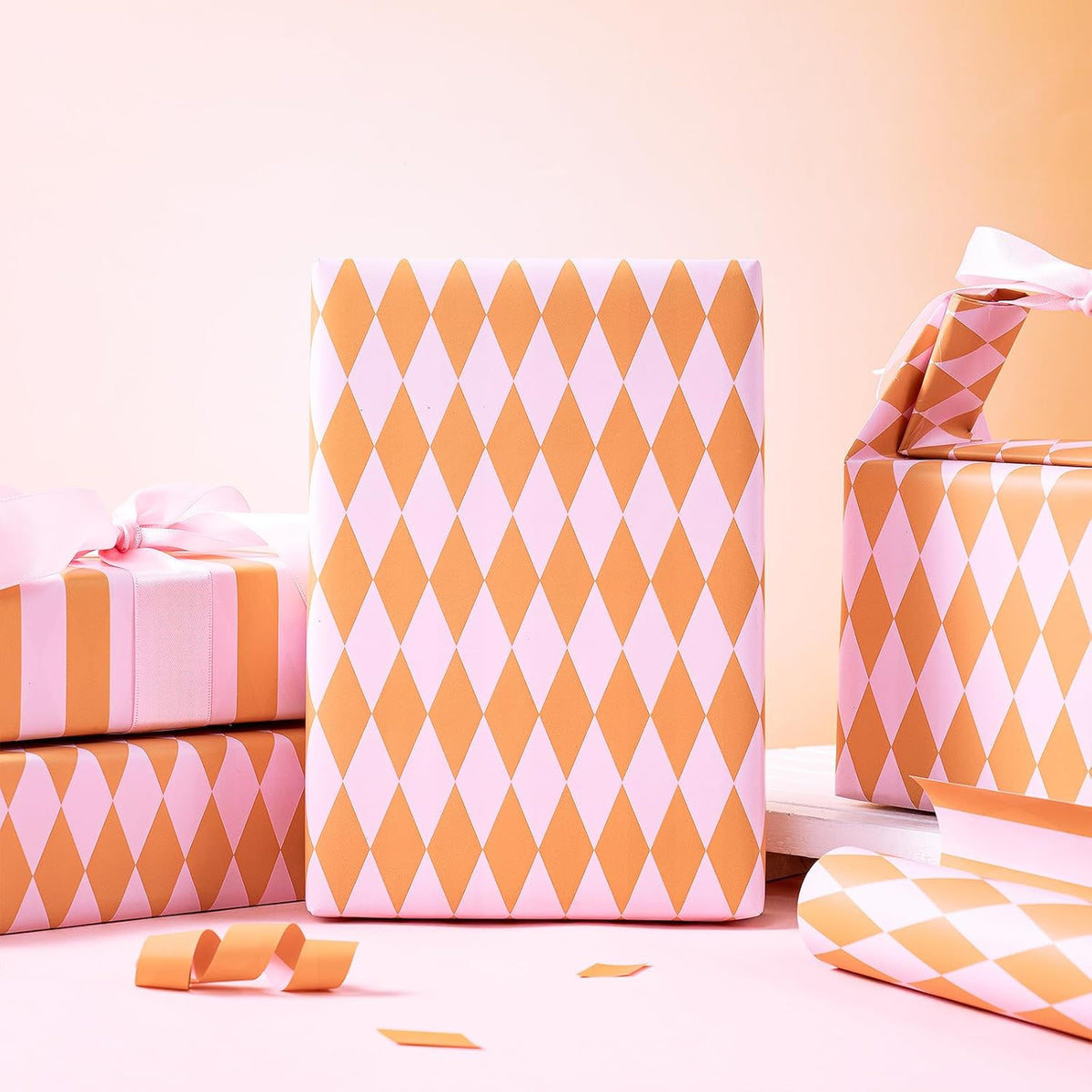 Reversible Wrapping Paper Roll, Mini Roll, Pink and Orange Stripes and Diamond Pattern Gift Wrap for Birthday, Baby Shower, Wedding, Easter, Summer Gifts, Holiday, 17 Inches x 16.4 Feet