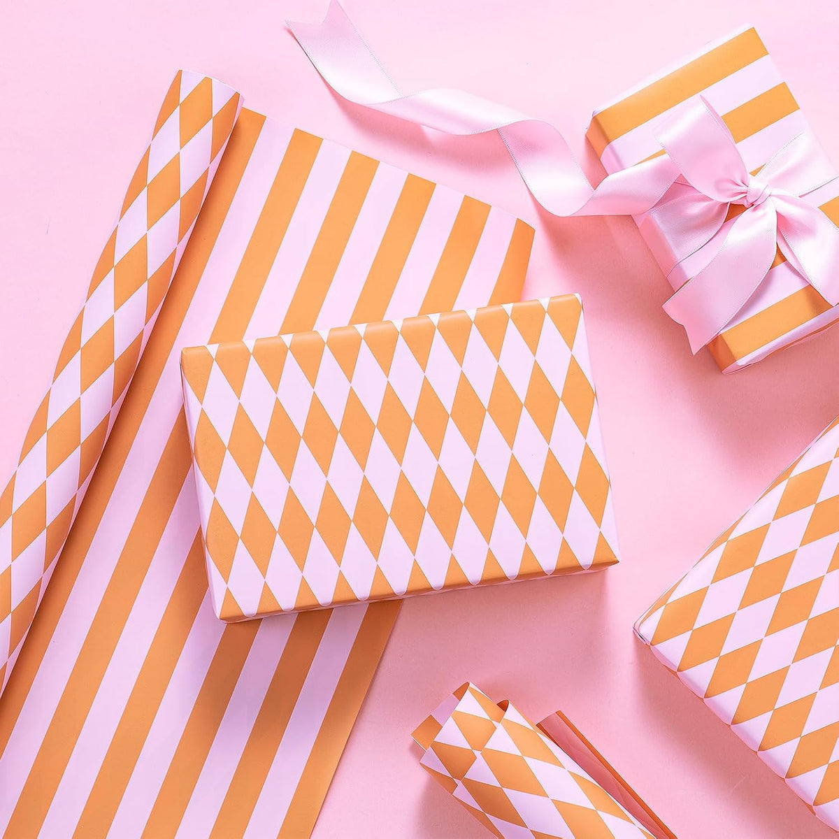 Reversible Wrapping Paper Roll, Mini Roll, Pink and Orange Stripes and Diamond Pattern Gift Wrap for Birthday, Baby Shower, Wedding, Easter, Summer Gifts, Holiday, 17 Inches x 16.4 Feet