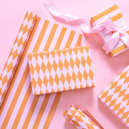 Reversible Wrapping Paper Roll, Mini Roll, Pink and Orange Stripes and Diamond Pattern Gift Wrap for Birthday, Baby Shower, Wedding, Easter, Summer Gifts, Holiday, 17 Inches x 16.4 Feet
