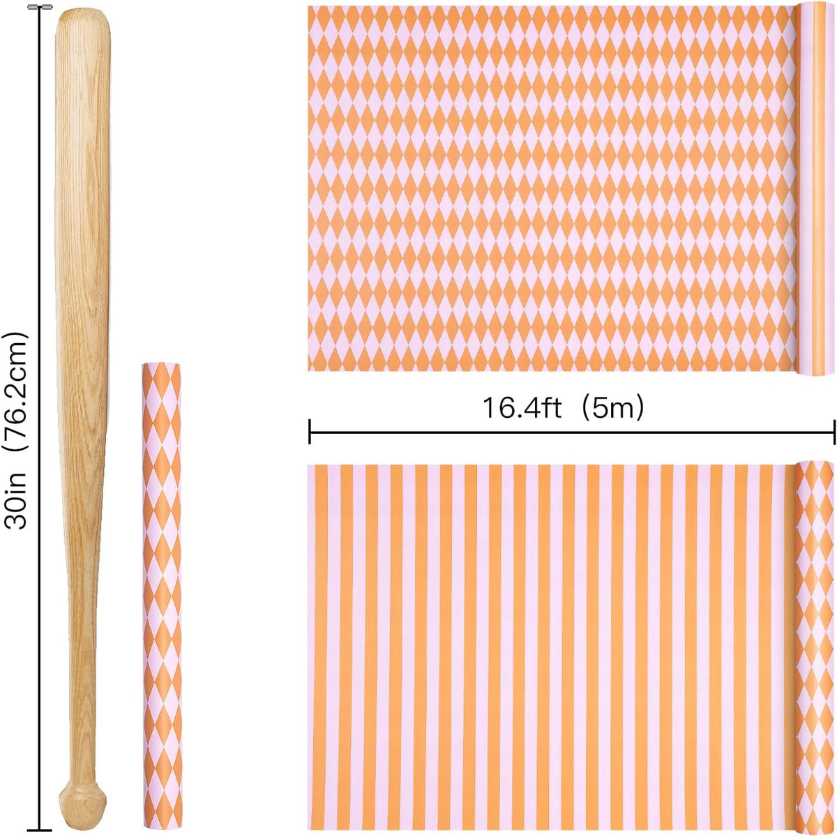 Reversible Wrapping Paper Roll, Mini Roll, Pink and Orange Stripes and Diamond Pattern Gift Wrap for Birthday, Baby Shower, Wedding, Easter, Summer Gifts, Holiday, 17 Inches x 16.4 Feet