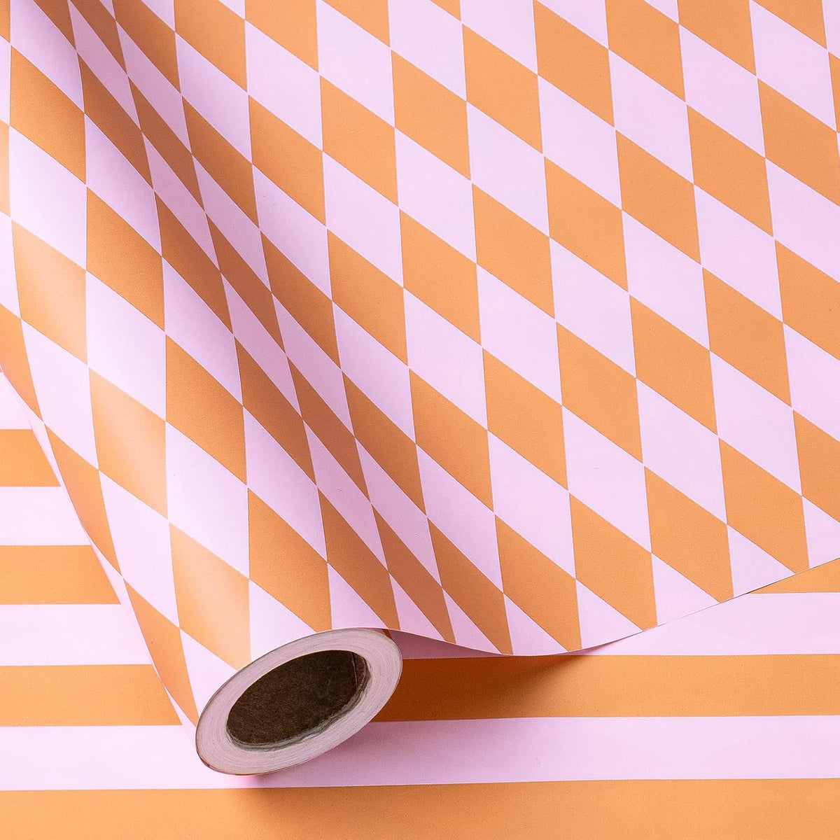 Reversible Wrapping Paper Roll, Mini Roll, Pink and Orange Stripes and Diamond Pattern Gift Wrap for Birthday, Baby Shower, Wedding, Easter, Summer Gifts, Holiday, 17 Inches x 16.4 Feet