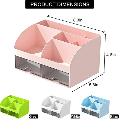 Desk Organizer with 6 Compartments and 2 Drawers, Plastic Makeup Organizer, Pen Holder for Desktop Storage, Desk Organization for School, Home, Office Supplies (Pink)