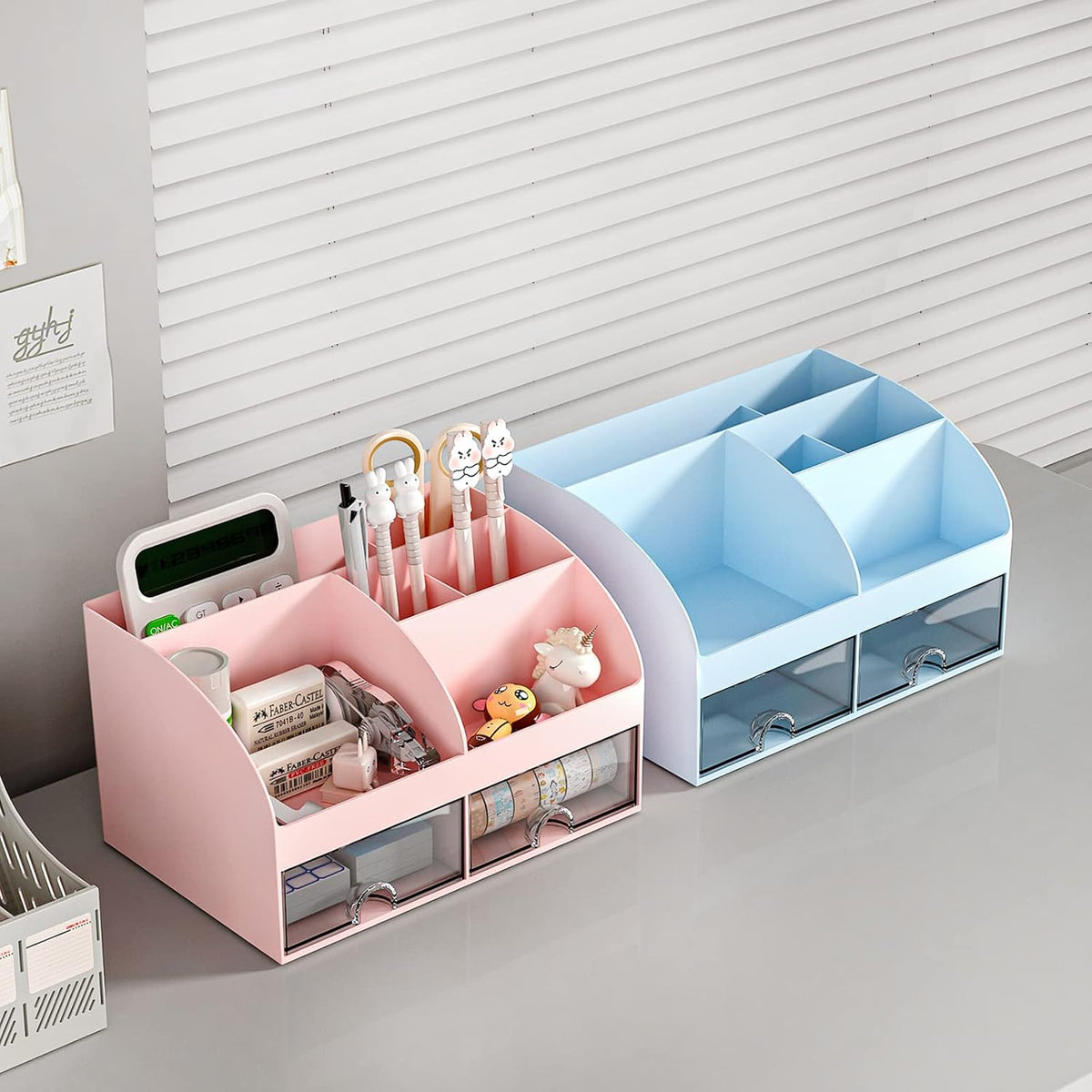 Desk Organizer with 6 Compartments and 2 Drawers, Plastic Makeup Organizer, Pen Holder for Desktop Storage, Desk Organization for School, Home, Office Supplies (Pink)