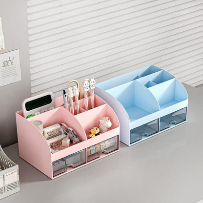 Desk Organizer with 6 Compartments and 2 Drawers, Plastic Makeup Organizer, Pen Holder for Desktop Storage, Desk Organization for School, Home, Office Supplies (Pink)