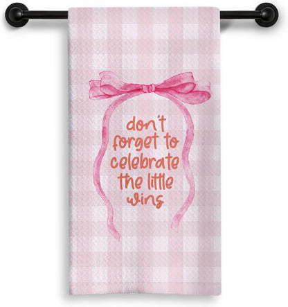 Pink Coquette Bow Inspirational Kitchen Dish Towels, Positive Affirmation Gifts for Women, Pink and White Gingham Check Decorative Hand Tea Towels for Kitchen Bathroom, 16x24 Inch