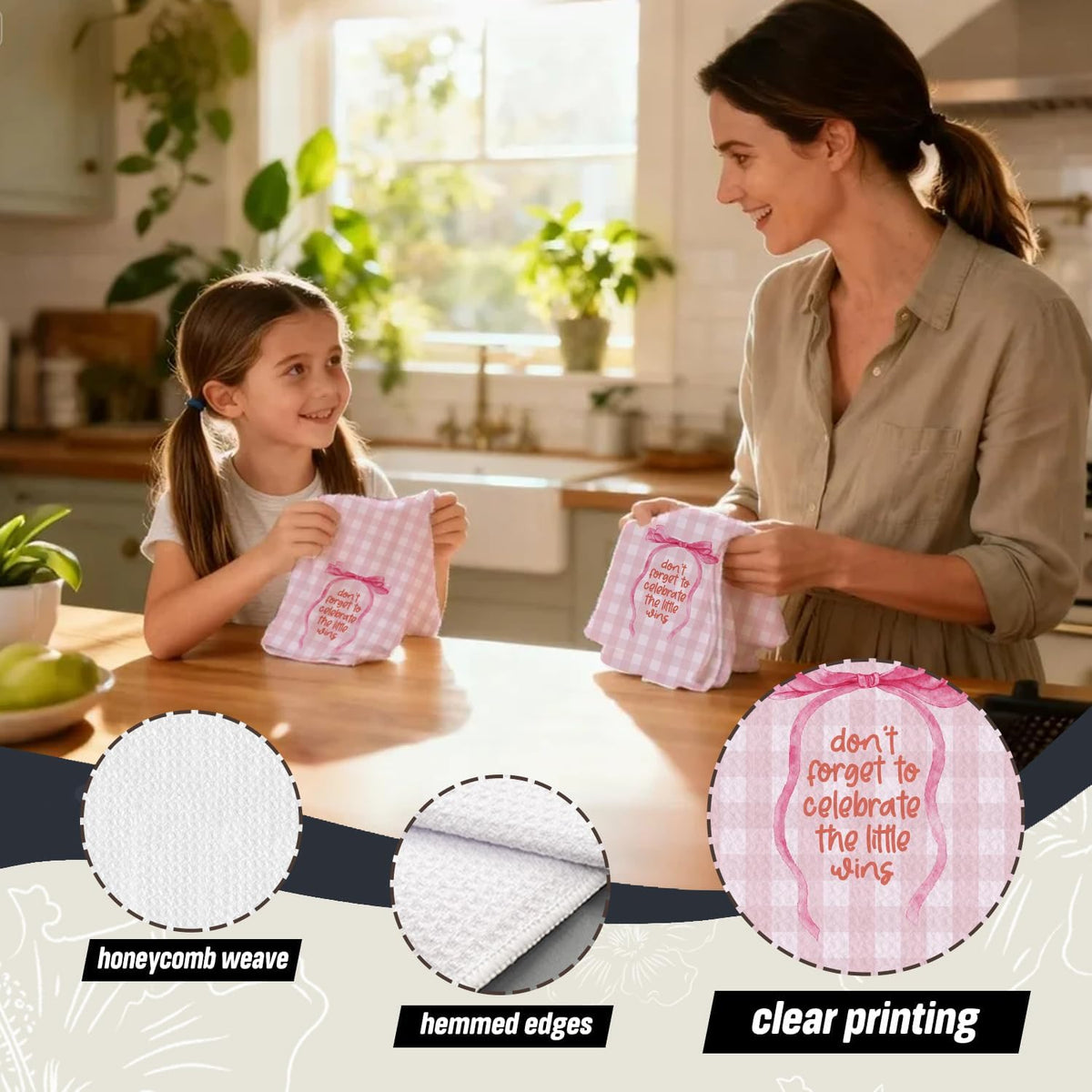 Pink Coquette Bow Inspirational Kitchen Dish Towels, Positive Affirmation Gifts for Women, Pink and White Gingham Check Decorative Hand Tea Towels for Kitchen Bathroom, 16x24 Inch