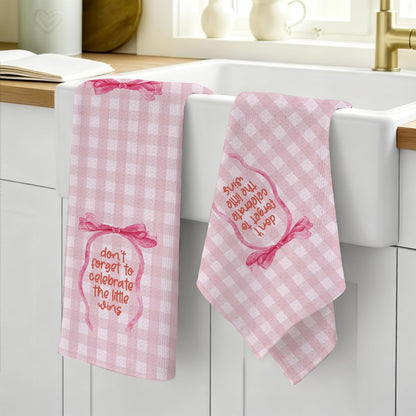 Pink Coquette Bow Inspirational Kitchen Dish Towels, Positive Affirmation Gifts for Women, Pink and White Gingham Check Decorative Hand Tea Towels for Kitchen Bathroom, 16x24 Inch
