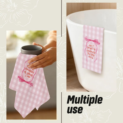 Pink Coquette Bow Inspirational Kitchen Dish Towels, Positive Affirmation Gifts for Women, Pink and White Gingham Check Decorative Hand Tea Towels for Kitchen Bathroom, 16x24 Inch