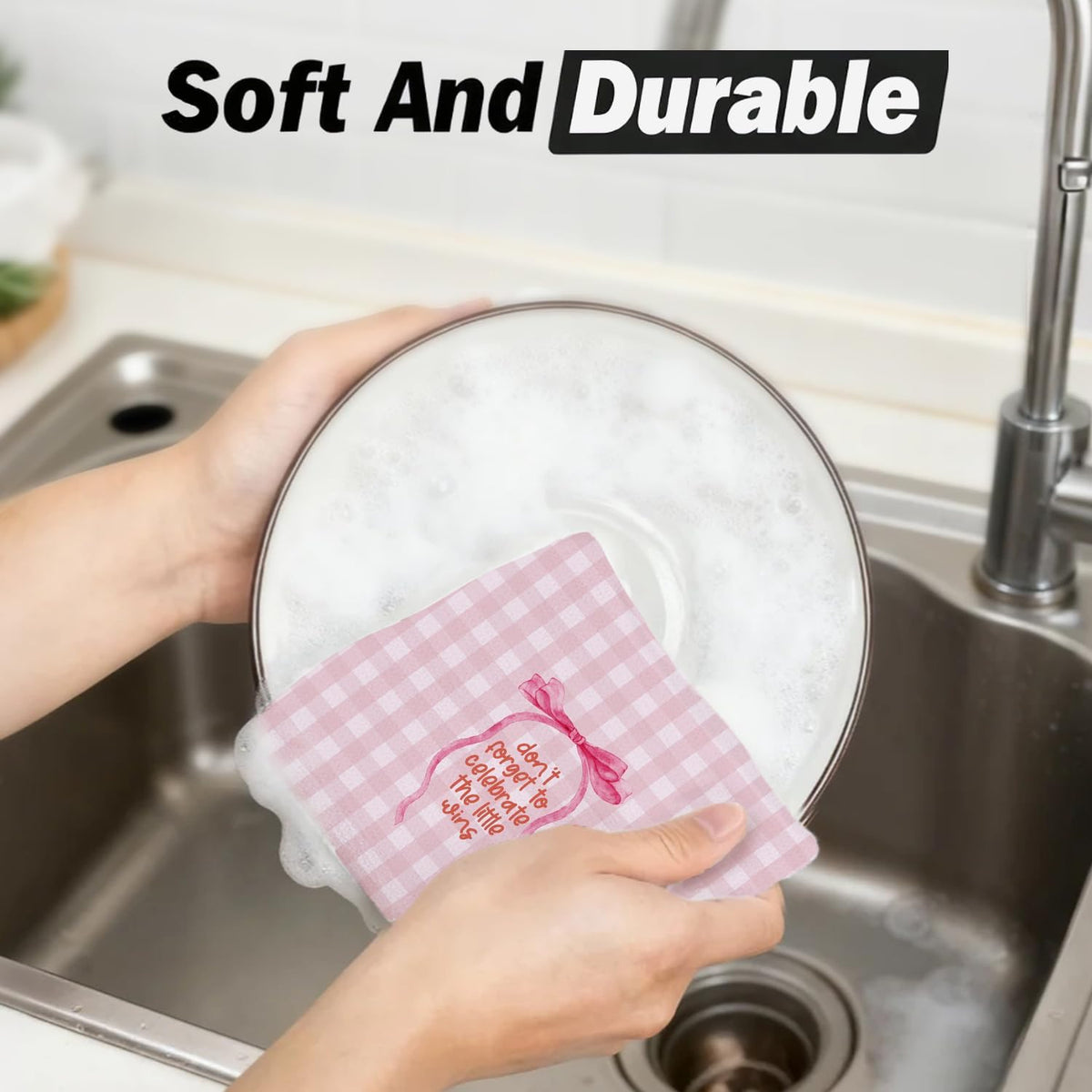 Pink Coquette Bow Inspirational Kitchen Dish Towels, Positive Affirmation Gifts for Women, Pink and White Gingham Check Decorative Hand Tea Towels for Kitchen Bathroom, 16x24 Inch