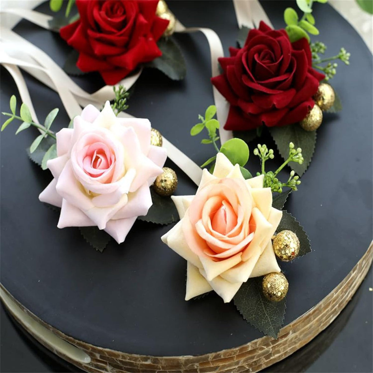 Corsage and Boutonniere Set White Pink Rose Wedding Wrist Corsage Boutonniere for Men Bride Bridesmaid Wedding Party Prom Anniversary Photography
