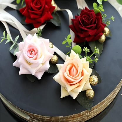 Corsage and Boutonniere Set White Pink Rose Wedding Wrist Corsage Boutonniere for Men Bride Bridesmaid Wedding Party Prom Anniversary Photography