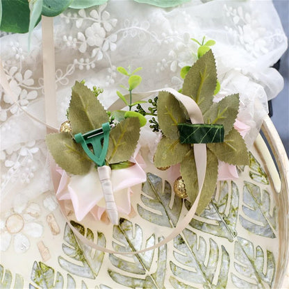 Corsage and Boutonniere Set White Pink Rose Wedding Wrist Corsage Boutonniere for Men Bride Bridesmaid Wedding Party Prom Anniversary Photography