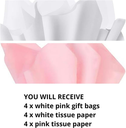 Mini Pink & White Gift Bags with Tissue Paper, 4 PK, 6.3x4.7x2.2 IN