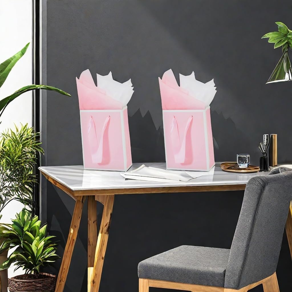 Mini Pink & White Gift Bags with Tissue Paper, 4 PK, 6.3x4.7x2.2 IN