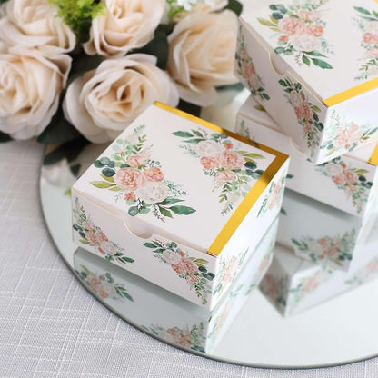 Efavormart 25 Pack White Pink Peony Flowers Print Paper Gift Boxes with Gold Edge, Cardstock Party Shower Candy Favor Boxes - 4"x4"x2"