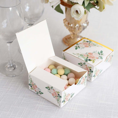 Efavormart 25 Pack White Pink Peony Flowers Print Paper Gift Boxes with Gold Edge, Cardstock Party Shower Candy Favor Boxes - 4"x4"x2"