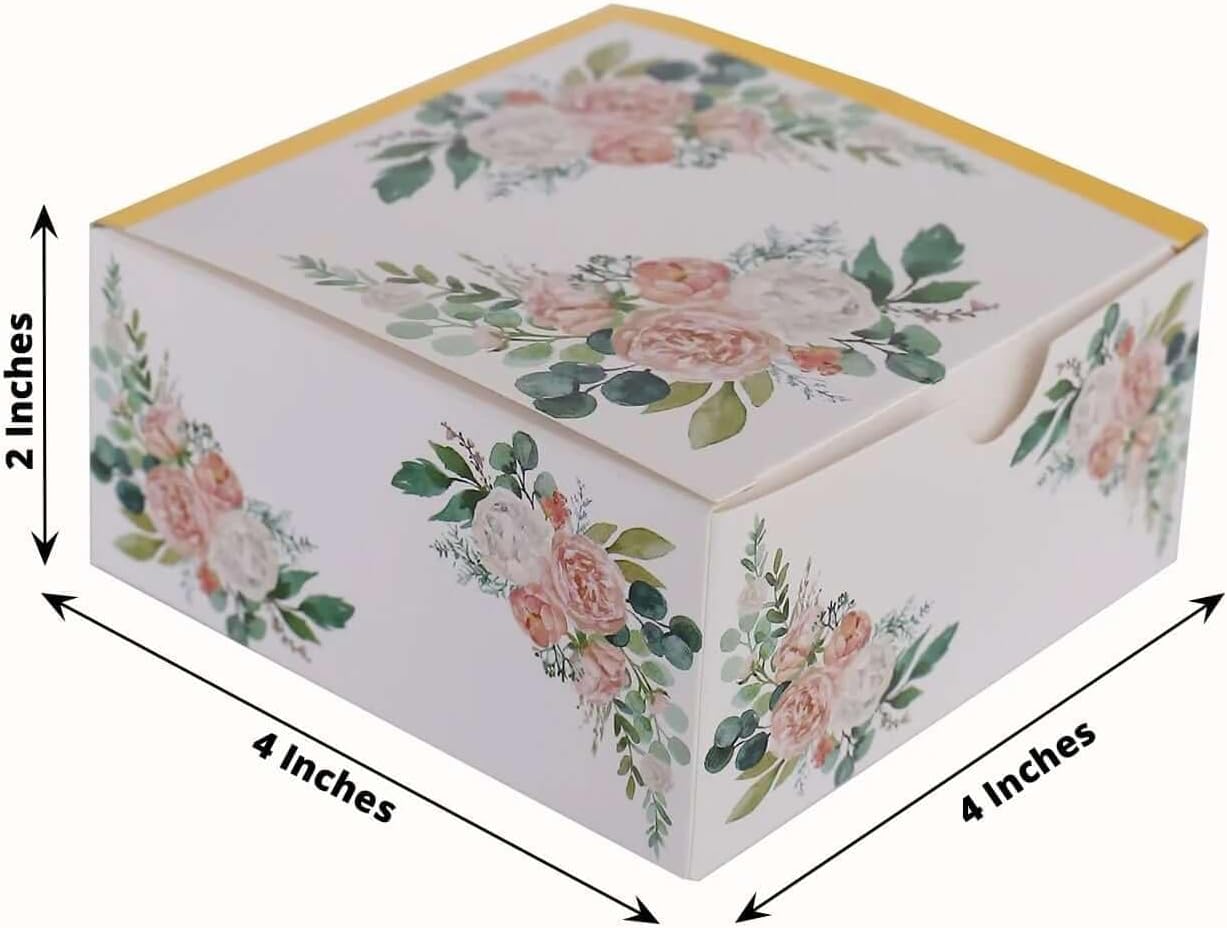 Efavormart 25 Pack White Pink Peony Flowers Print Paper Gift Boxes with Gold Edge, Cardstock Party Shower Candy Favor Boxes - 4"x4"x2"