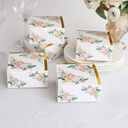 Efavormart 25 Pack White Pink Peony Flowers Print Paper Gift Boxes with Gold Edge, Cardstock Party Shower Candy Favor Boxes - 4"x4"x2"