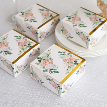 Efavormart 25 Pack White Pink Peony Flowers Print Paper Gift Boxes with Gold Edge, Cardstock Party Shower Candy Favor Boxes - 4"x4"x2"