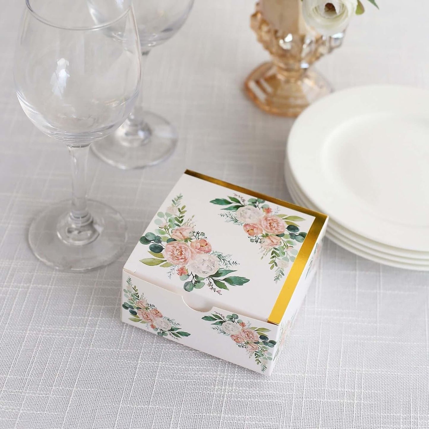 Efavormart 25 Pack White Pink Peony Flowers Print Paper Gift Boxes with Gold Edge, Cardstock Party Shower Candy Favor Boxes - 4"x4"x2"