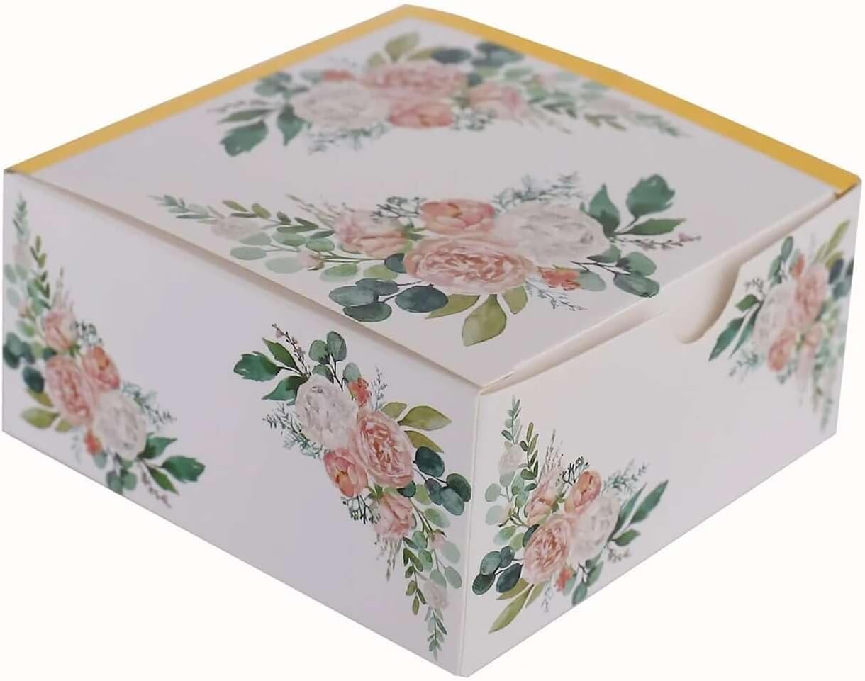 Efavormart 25 Pack White Pink Peony Flowers Print Paper Gift Boxes with Gold Edge, Cardstock Party Shower Candy Favor Boxes - 4"x4"x2"
