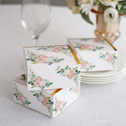 Efavormart 25 Pack White Pink Peony Flowers Print Paper Gift Boxes with Gold Edge, Cardstock Party Shower Candy Favor Boxes - 4"x4"x2"