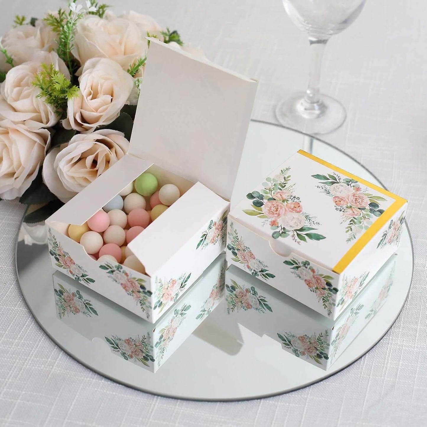 Efavormart 25 Pack White Pink Peony Flowers Print Paper Gift Boxes with Gold Edge, Cardstock Party Shower Candy Favor Boxes - 4"x4"x2"