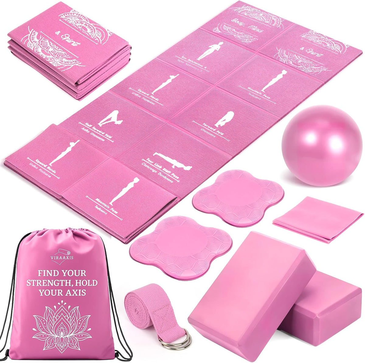 Foldable Non-Slip Yoga Mat and Blocks Set for Women, 9-Pcs Yoga Starter Kit