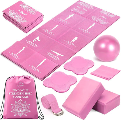 Foldable Non-Slip Yoga Mat and Blocks Set for Women, 9-Pcs Yoga Starter Kit
