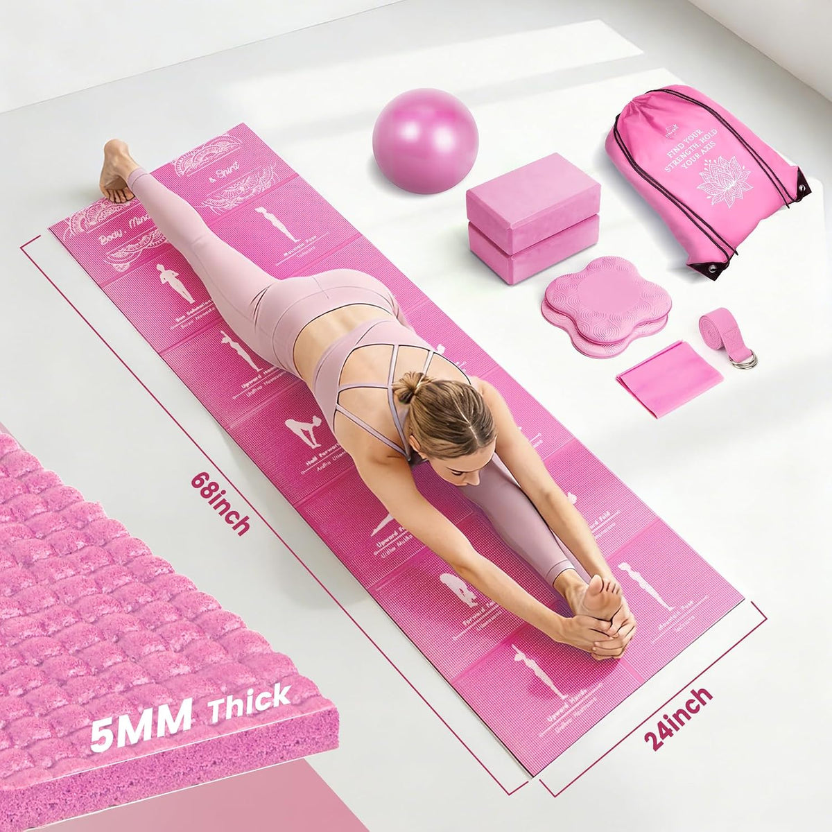 Foldable Non-Slip Yoga Mat and Blocks Set for Women, 9-Pcs Yoga Starter Kit