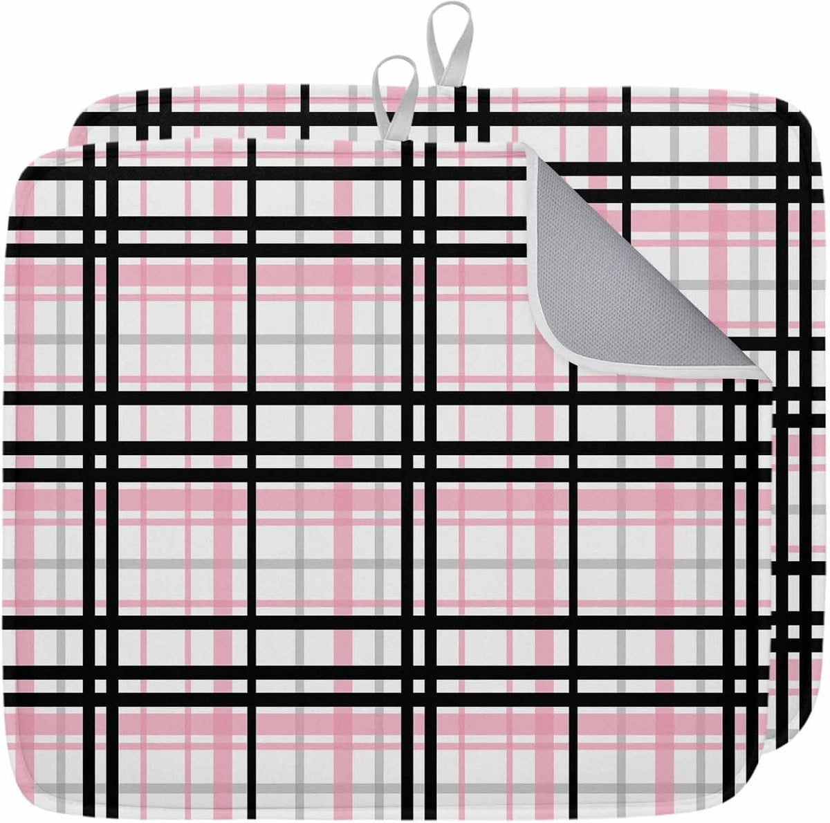 Dish Drying Mat Pink Buffalo Plaid Kitchen Counter Drying Pad for Dishes Glasses Cups and Cookware Black Check Stripe Absorbent Dish Drying Mat Machine Washable Kitchen Accessories 2 Pack 16" x 18"